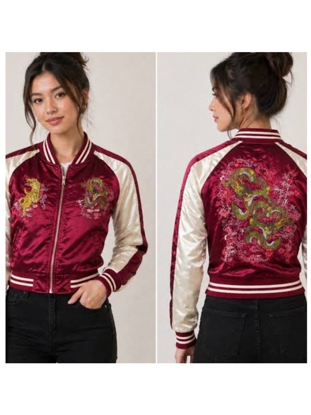 NWT Red Fox M Pink Satin Bomber Jacket–Dragon /Tiger Sukajan Style Statement Jkt